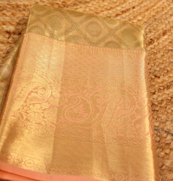Peach and Baby Pink Gold Zari Brocade Tissue Pure Kanchi Silk Saree - Image 4