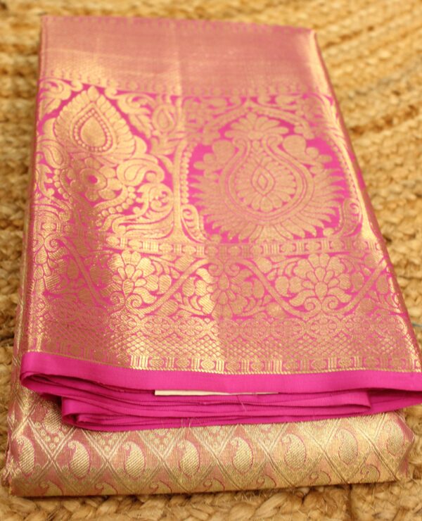 Pink Gold Zari Brocade Tissue Pure Kanchi Silk Saree - Image 3