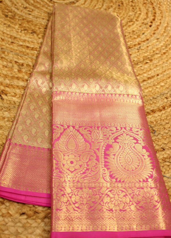 Pink Gold Zari Brocade Tissue Pure Kanchi Silk Saree