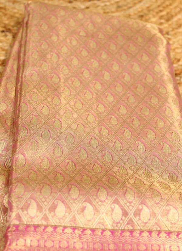 Pink Gold Zari Brocade Tissue Pure Kanchi Silk Saree - Image 4