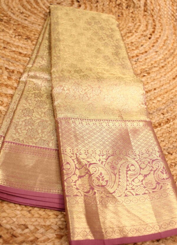 Lavender Gold Zari Brocade Tissue Pure Kanchi Silk Saree - Image 2