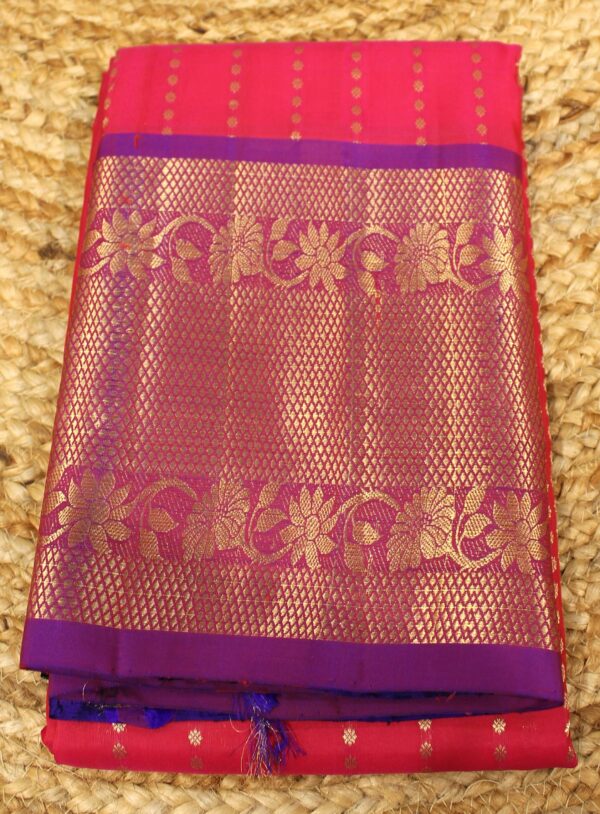 Rani Pink & Purple Vertical Stripe Buttas with Big Border Pure Kanchi Silk Saree