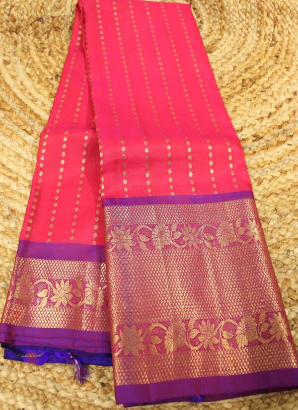 Rani Pink & Purple Vertical Stripe Buttas with Big Border Pure Kanchi Silk Saree - Image 2