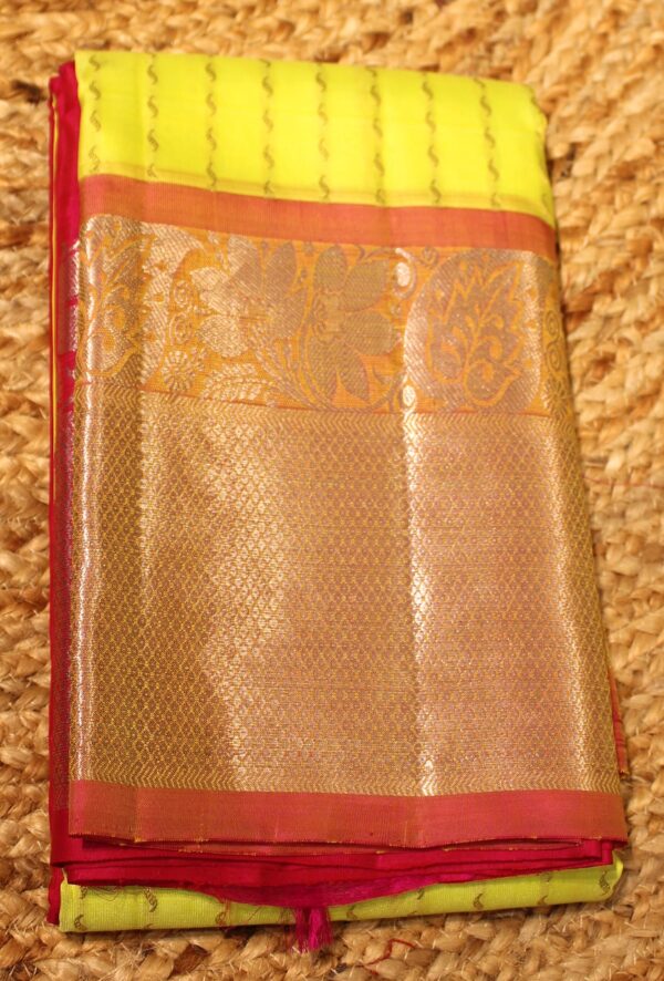 Fluorescent Green & Pink Vertical Stripe Buttas with Big Border Pure Kanchi Silk Saree