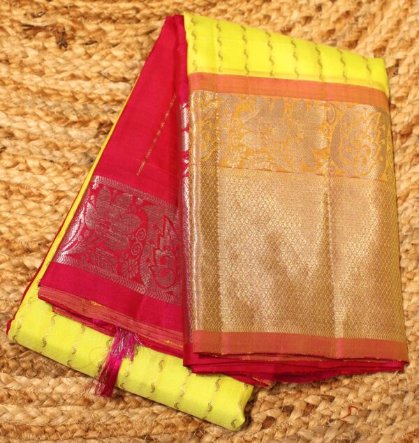 Fluorescent Green & Pink Vertical Stripe Buttas with Big Border Pure Kanchi Silk Saree - Image 2