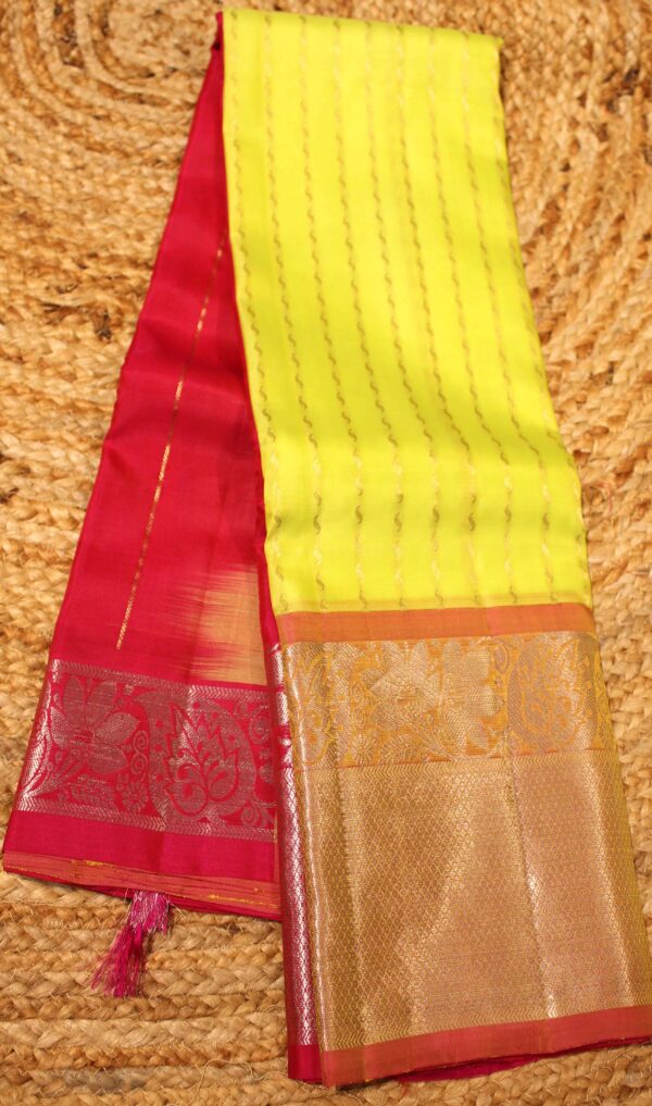 Fluorescent Green & Pink Vertical Stripe Buttas with Big Border Pure Kanchi Silk Saree - Image 3