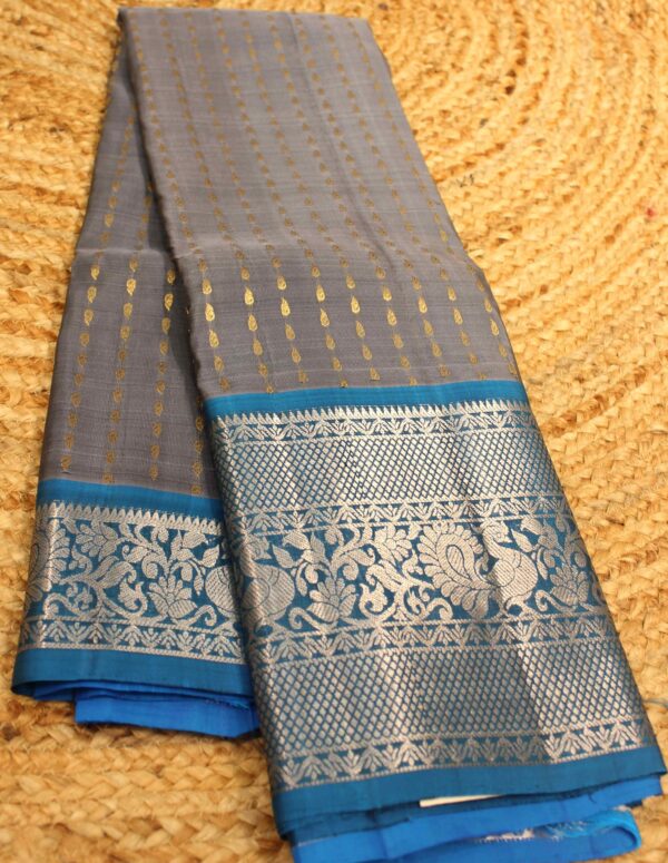 Grey & Blue Vertical Stripe Buttas with Big Border Pure Kanchi Silk Saree
