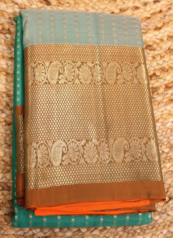 Green & Orange Vertical Stripe Buttas with Big Border 3D Pure Kanchi Silk Saree
