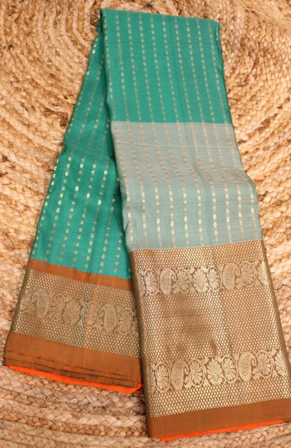 Green & Orange Vertical Stripe Buttas with Big Border 3D Pure Kanchi Silk Saree - Image 2