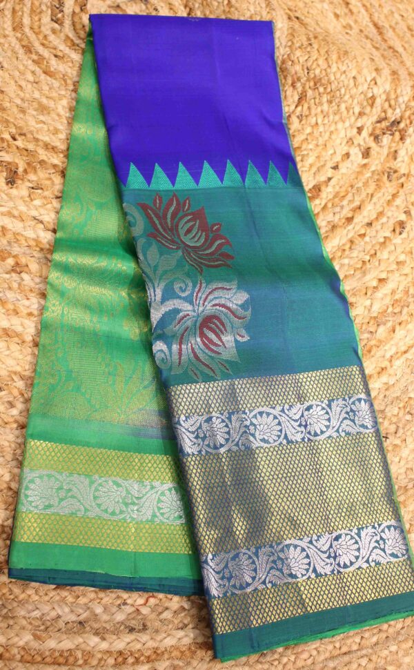 Blue & Green with Meenakari Buttas Pure Kanchi Silk Saree - Image 2