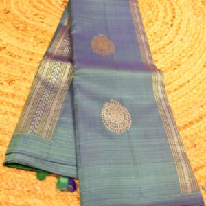 Greenish Blue & Green with Zari Vertical Lines & Buttas Pure Kanchi Silk Saree