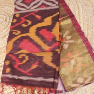 Ikkat Beige & Red Tissue Border Cotton Silk Saree