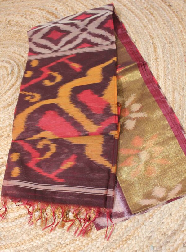 Ikkat Beige & Red Tissue Border Cotton Silk Saree