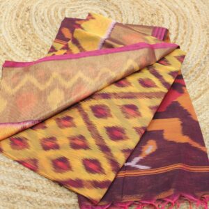 Ikkat Yellow & Purple Tissue Border Cotton Silk Saree