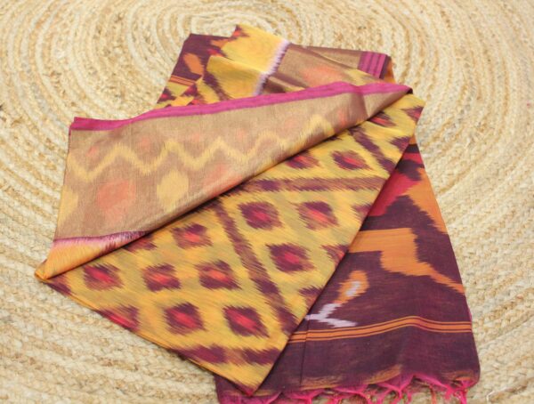 Ikkat Yellow & Purple Tissue Border Cotton Silk Saree