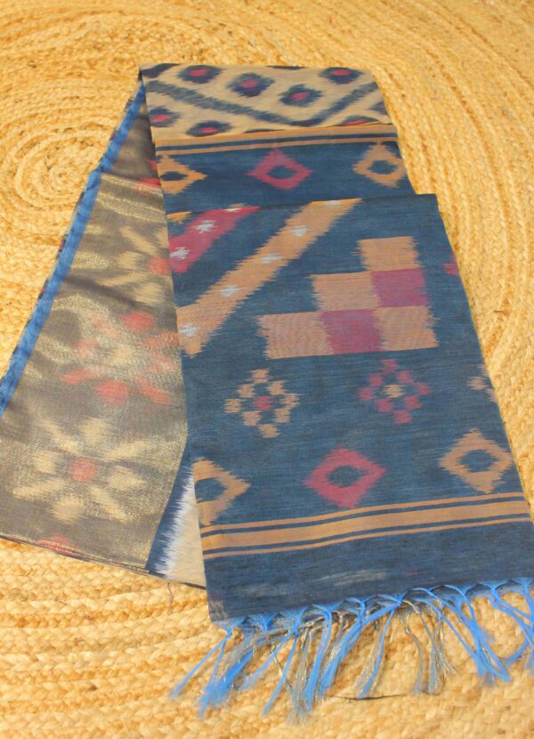 Ikkat Beige & Blue Tissue Border Cotton Silk Saree