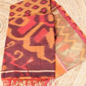 Ikkat Orange & Red Tissue Border Cotton Silk Saree