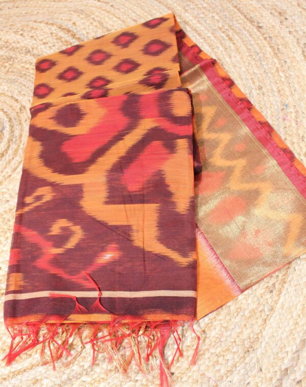 Ikkat Orange & Red Tissue Border Cotton Silk Saree