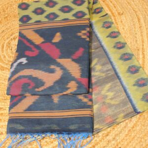 Ikkat Yellow & Blue Tissue Border Cotton Silk Saree
