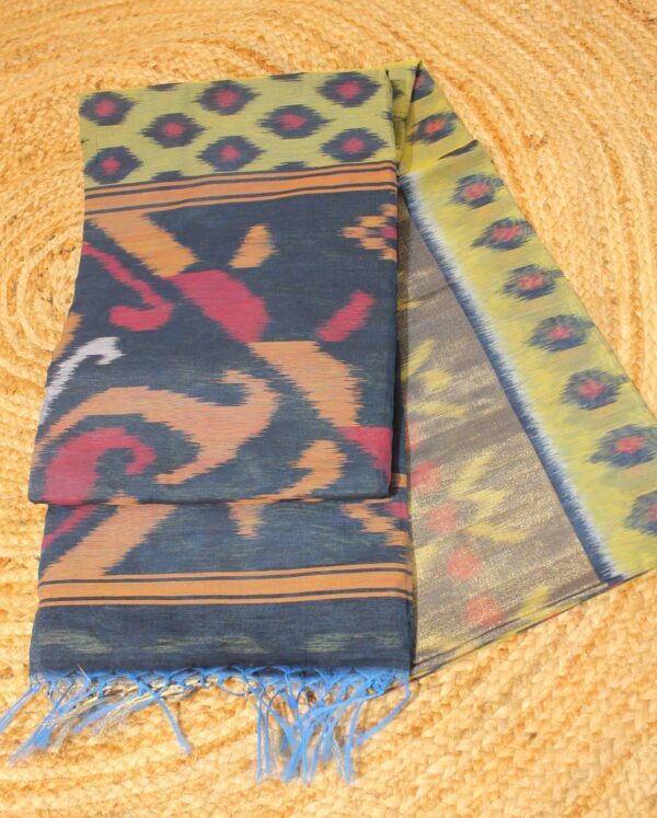 Ikkat Yellow & Blue Tissue Border Cotton Silk Saree