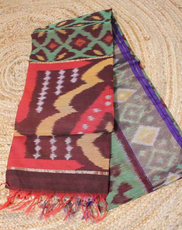 Ikkat Green & Maroon Tissue Border Cotton Silk Saree