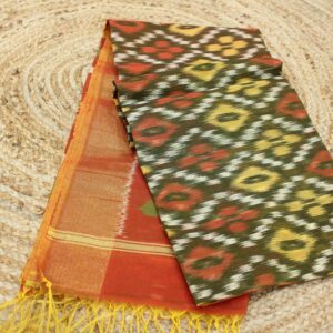 Ikkat Green & Orange Tissue Border Cotton Silk Saree