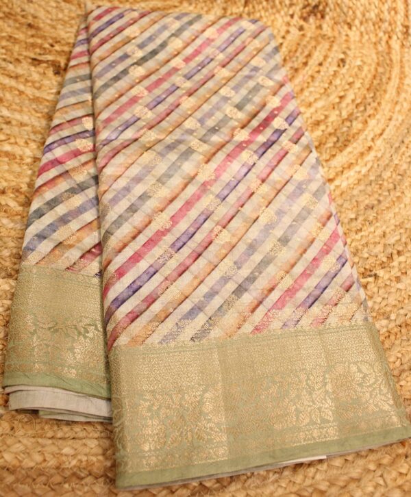 Pure Chiniya Silk Diagonal Print with Buttas Banaras Saree - Image 3
