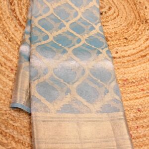 Sky Blue Jaal with Zari Border Pure Tissue Saree