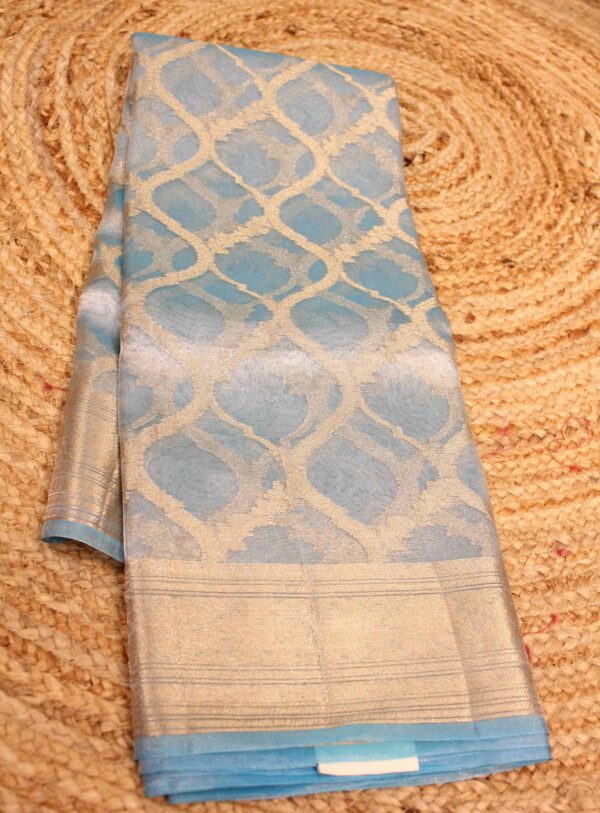 Sky Blue Jaal with Zari Border Pure Tissue Saree