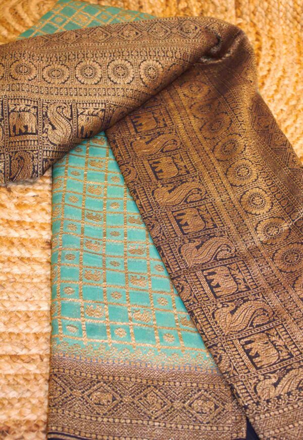 Peacock Green & Navy Blue Pure Khaddi Georgette Saree - Image 3