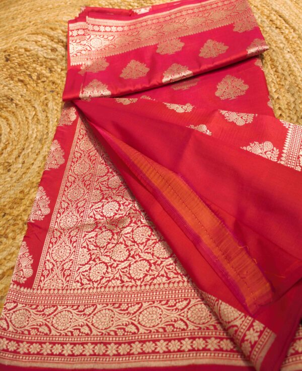 Pinkish Orange Zari Buttas Pure Katan Banaras Silk Saree - Image 3