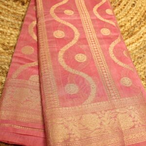 Baby Pink Vertical Stripes & Buttas Pure Chanderi Cotton Saree