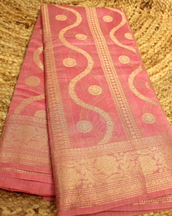 Baby Pink Vertical Stripes & Buttas Pure Chanderi Cotton Saree