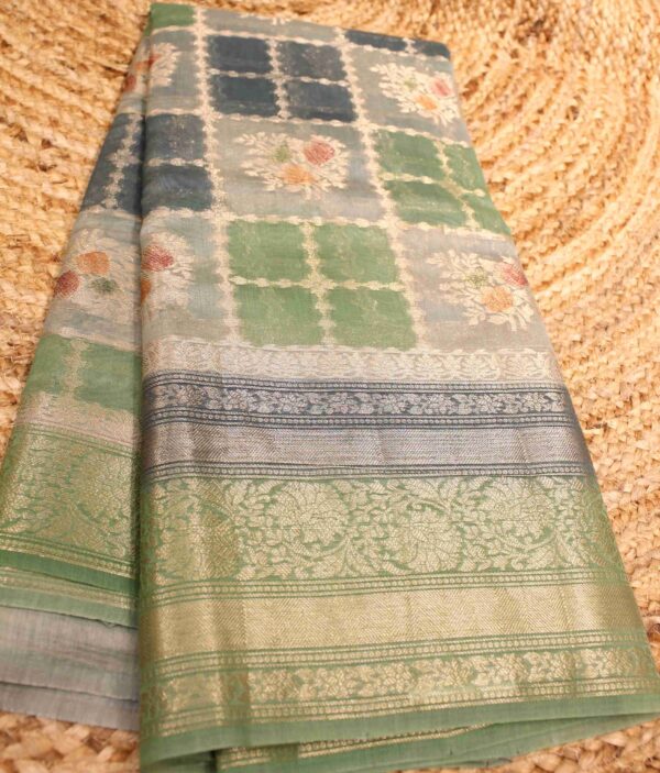 Green, Blue & Grey Checks with Buttas Pure Chanderi Cotton Saree