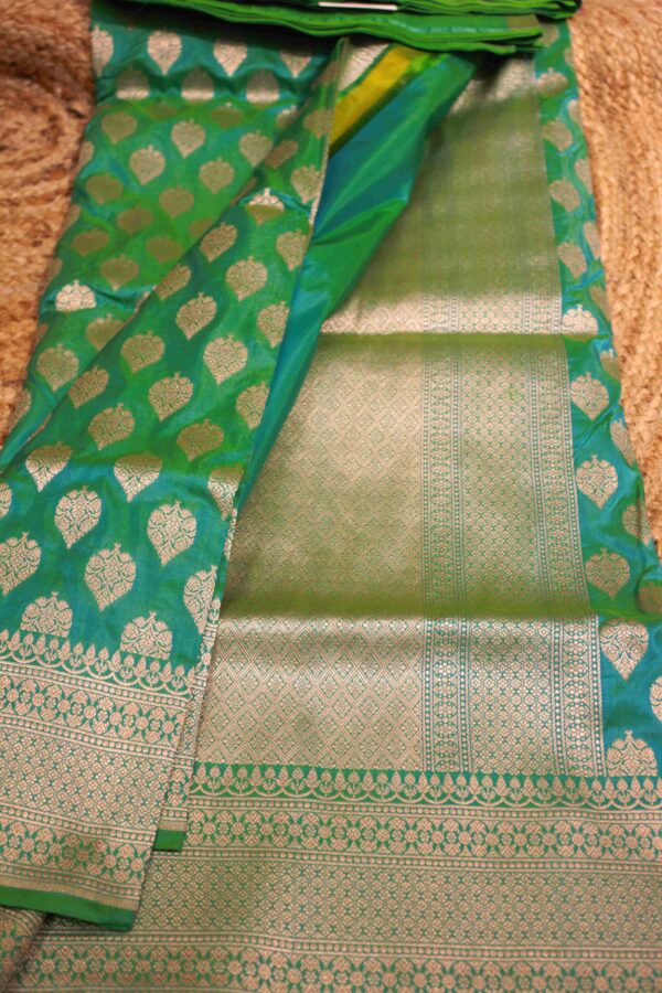 Green Zari Buttas Pure Katan Banaras Silk Saree - Image 2