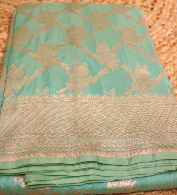 Sea Green Zari Jaal Pure Katan Banaras Silk Saree - Image 2