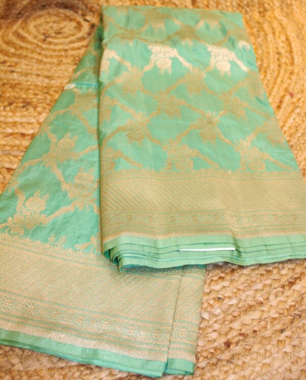 Sea Green Zari Jaal Pure Katan Banaras Silk Saree - Image 3