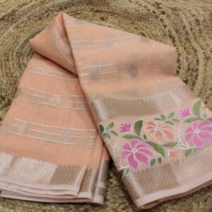 Horizontal Stripes with Buttas & Embroidery Border Semi Banaras Silk Saree