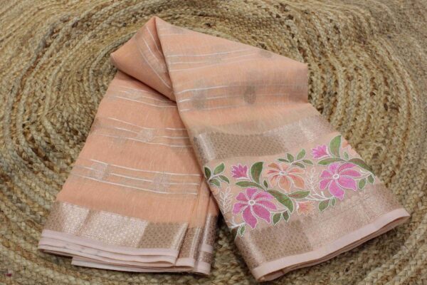 Horizontal Stripes with Buttas & Embroidery Border Semi Banaras Silk Saree