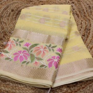 Alternative view of Horizontal Stripes with Buttas & Embroidery Border Semi Banaras Silk Saree