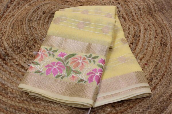 Horizontal Stripes with Buttas & Embroidery Border Semi Banaras Silk Saree - Image 2