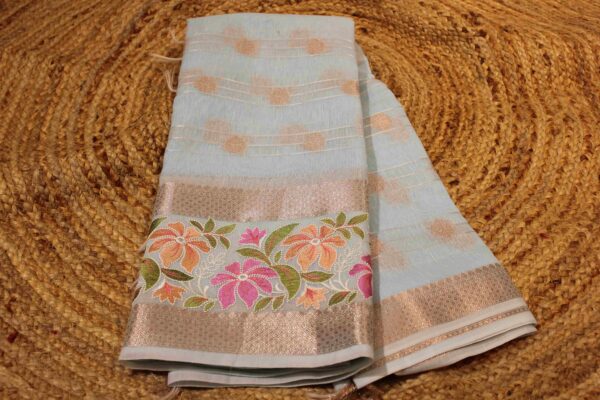 Horizontal Stripes with Buttas & Embroidery Border Semi Banaras Silk Saree - Image 3