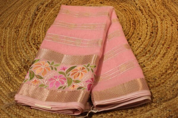 Horizontal Stripes with Buttas & Embroidery Border Semi Banaras Silk Saree - Image 4