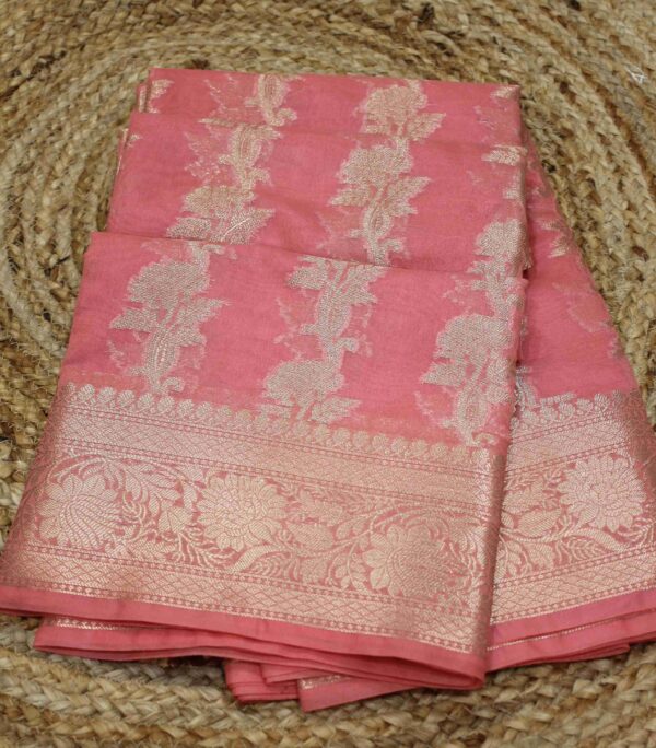 Diagonal Floral Zari Jaal Semi Banaras Saree - Image 3