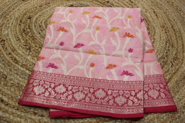 Floral Zari Jaal & Meenakari Banaras Cotton Saree - Image 4