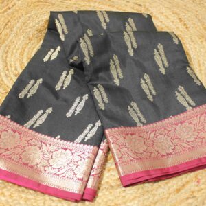 Zari Buttas with Contrast Border Semi Banaras Silk Saree