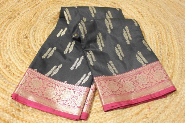 Zari Buttas with Contrast Border Semi Banaras Silk Saree
