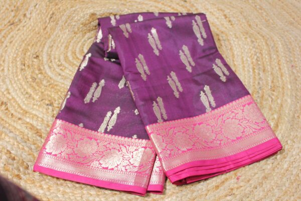 Zari Buttas with Contrast Border Semi Banaras Silk Saree - Image 2
