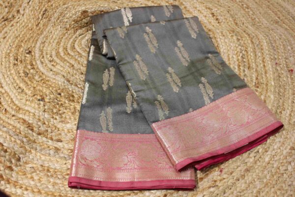 Zari Buttas with Contrast Border Semi Banaras Silk Saree - Image 3