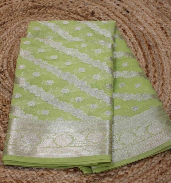 Zari Floral Diagonal Stripes with Buttas Organza Saree - Image 2